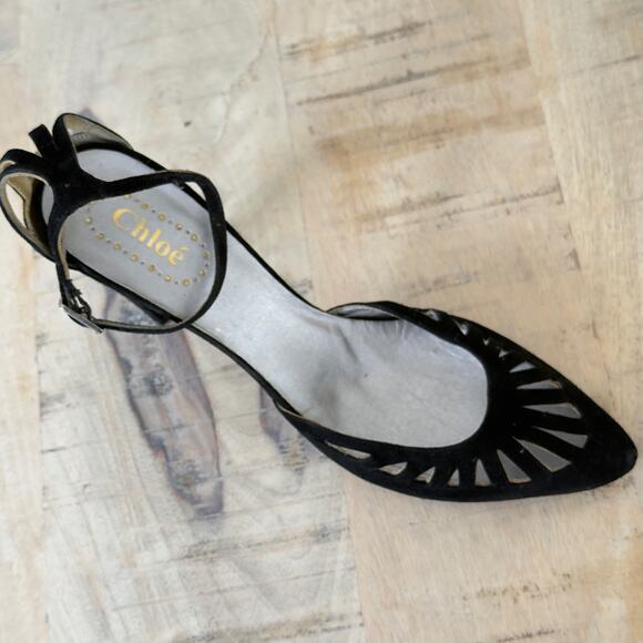 Chloé Vintage Black Suede Heels Cutout Design Strappy Size 38.5 - Picture 2 of 4